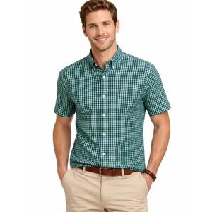Cremieux Button Down Shirt Mens XL Green Navy Gingham Slim Fit Short Sleeve